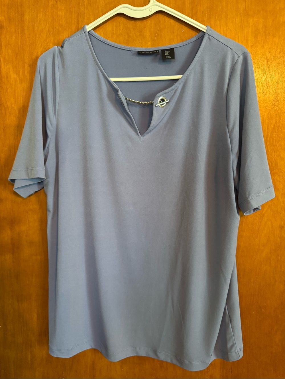 Tahari Dusty Blue Short-Sleeve Top with Chain Accent